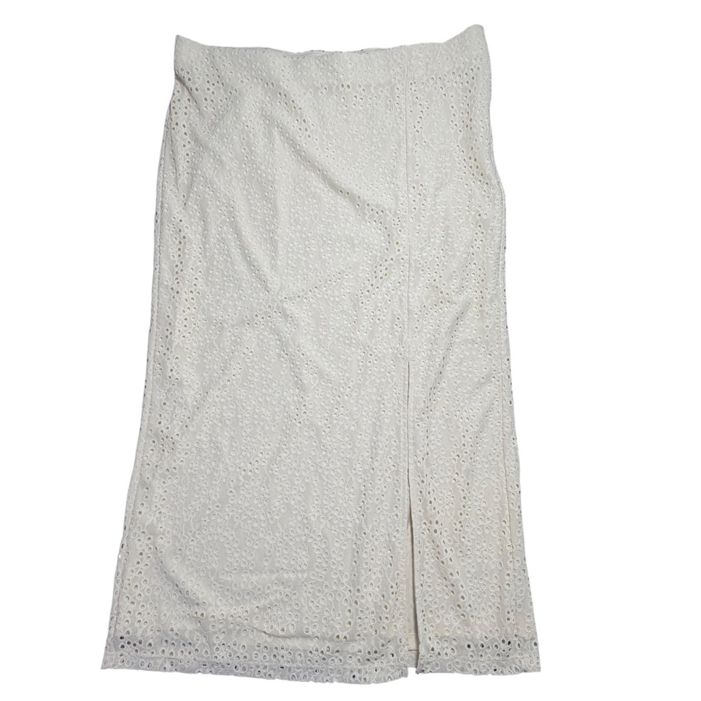 Cream Eyelet Maxi Skirt Women 14 Floral Side Slit High Waisted New Boho Festival